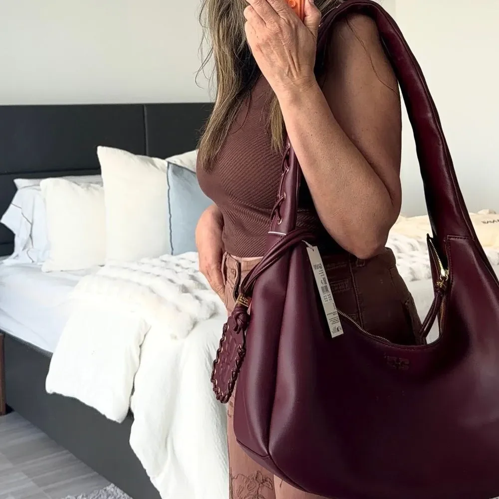 GANNI Burgundy Leather Shoulder and Crossbody Bag